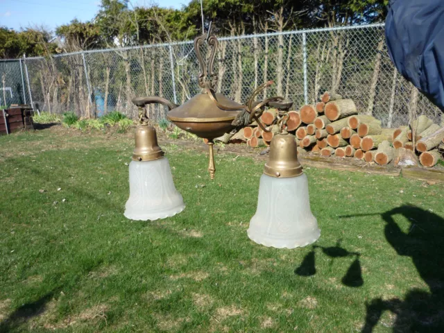 vtg  brass Ceiling 2 Light Lamp Fixture hanging Victorian chandelier Antique..