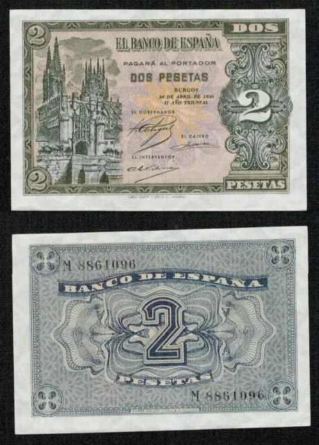 Billete 2 pesetas Abril 1938 serie M 8861096. SIN CIRCULAR TODO APRESTO BONITO.