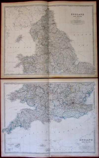 England and Wales huge 2 sheets c.1850 Johnston original hand color old map