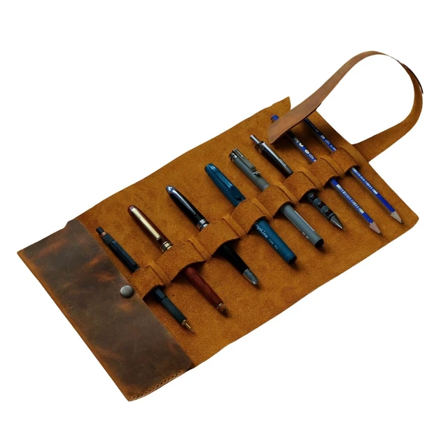 HANDMADE LEATHER ROLL Up Pen Case Barrel 130.00 PicClick