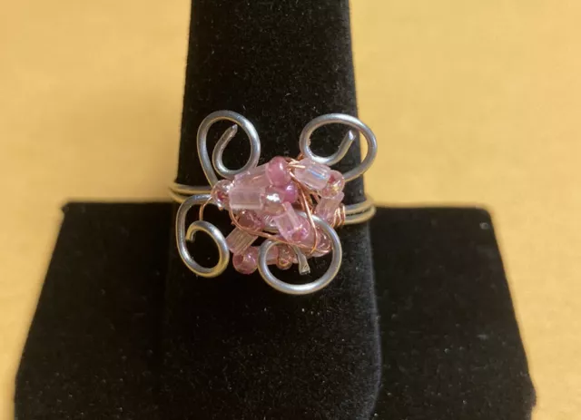 Butterfly Beaded, Pink Flower Ring Sz 9, Handmade