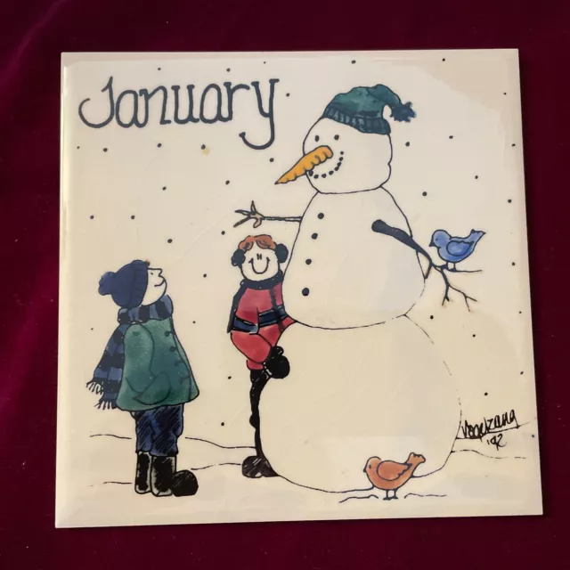 H&R JOHNSON January Calendar Tile Trivet; Nancy DeYoung ‘92 England Snowman EUC