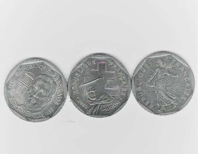 Lot 3 Pièces de 2 Francs    1982/Semeuse, 1993/Jean Moulin, 1995/Pasteur   TBE