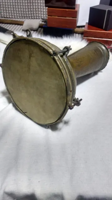 Vintage Darbuka Percussion Drum  Middle Eastern Nickel Plated Brass leather