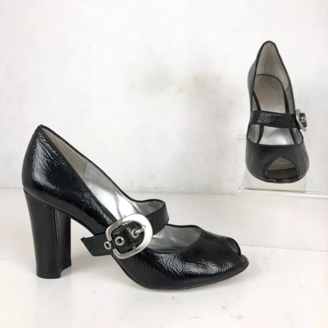 Enzo Angiolini Women's Size 6.5M Mybell Black Leather Peep Toe Mary Jane Pumps