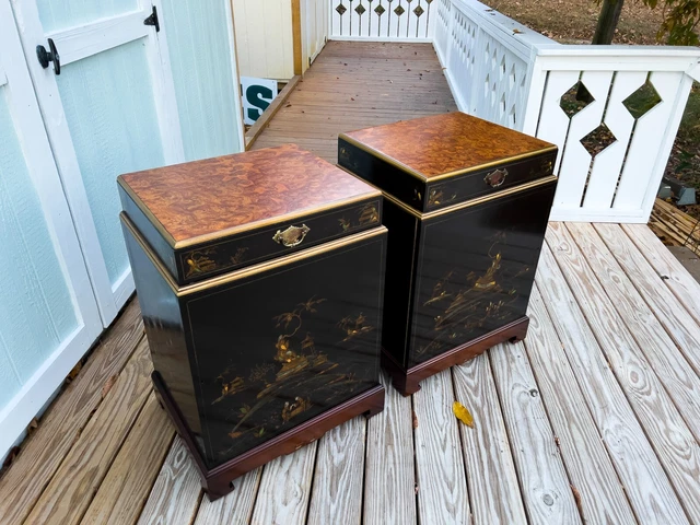 Art Deco Lacquered Hand Painted Chinese Chinoiseries Nightstands Burl Wood Tops