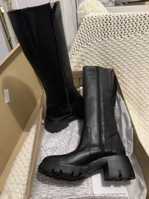 NIB 🌺 STEVE MADDEN HARTH BLACK LEATHER Chunky Lug BOOTS WOMANS Sz 9 MSRP $149