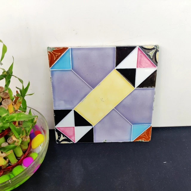 Vintage Majolica Decorative Art Nouveau 6"x6" Architecture Geometric Tile, Japan