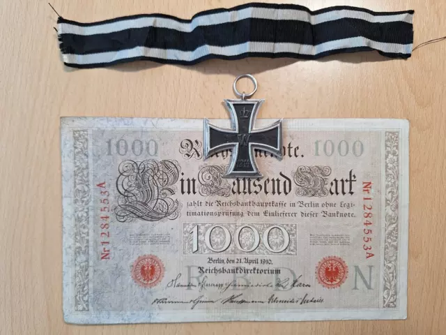 Orig. German Iron Cross 2nd Class EK2 WW1  + ribbon  + 1000 Reichsmark banknote