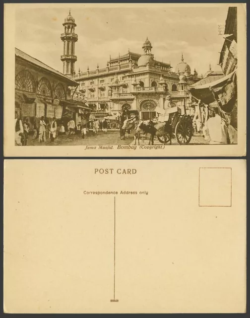India Old Postcard JUMA MUSJID, Bombay, Native Street Scene Double Bullock Cart