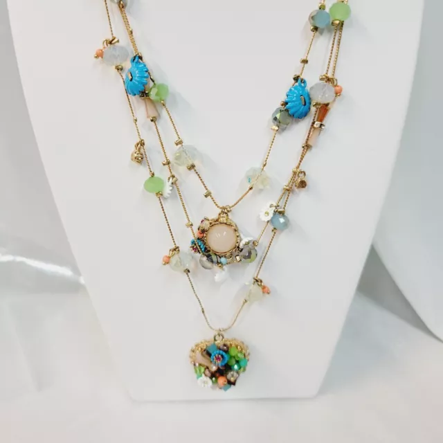 Betsey Johnson Woven Mixed Multi-Colored Bead Flower Heart Illusion Necklace