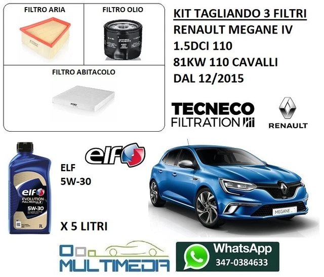 Kit Tagliando 3 Filtri Per Renault Kadjar 1.5 DCI 81 KW Dal 2015 - Filtro Aria, Olio E Abitacolo