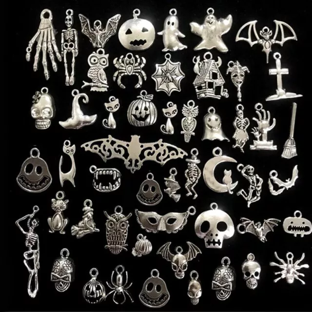 50Pcs Mixed Halloween Bat Skeleton Silver Charms Pendants DIY Jewelry MakiEN