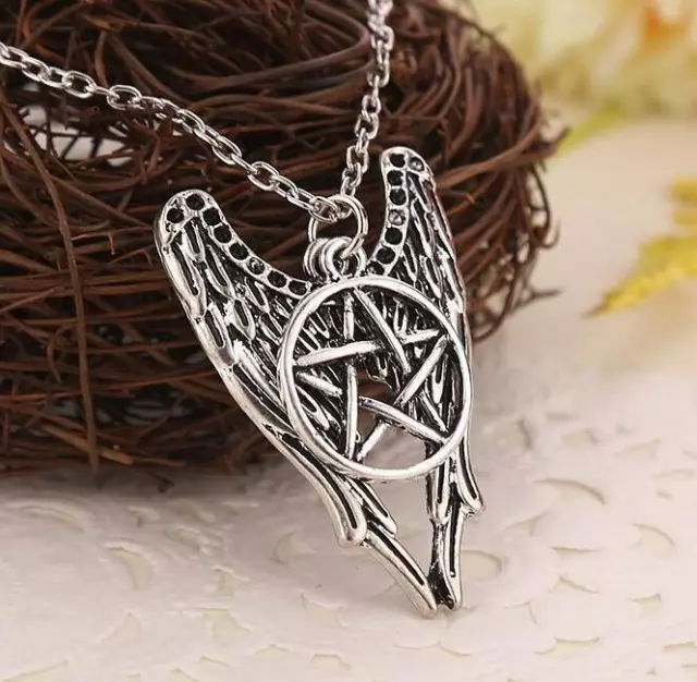 Supernatural Castiel Angel Wings Charm Pentagram Pendant Cosplay Necklace