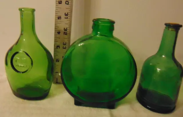 Vintage Green Glass Bottles Lot of 3 one Wheaton NJ Antique excellent decor