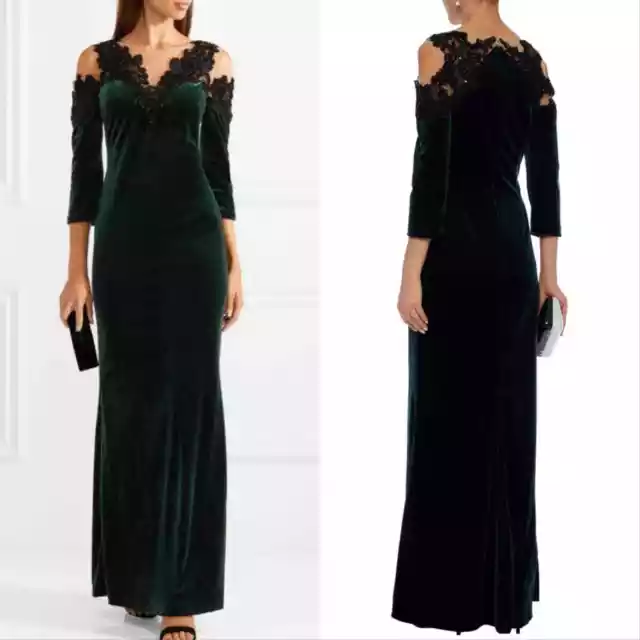 Marchesa Notte Velvet Cold Shoulder Maxi Dress Gown Emerald Green