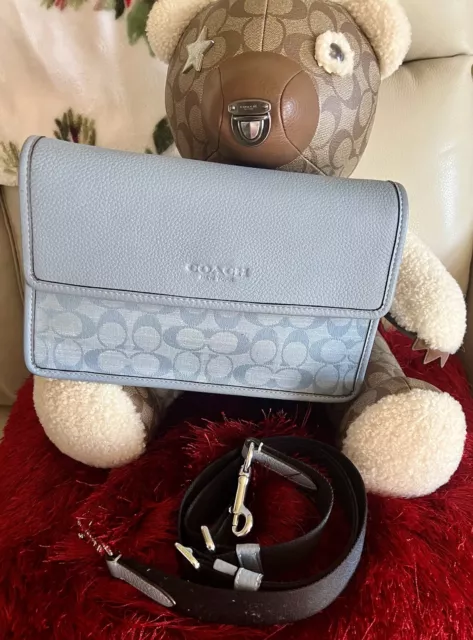 NWOT COACH CH828 Turner Flap Crossbody Bag Signature Chambray Leather Light Blue