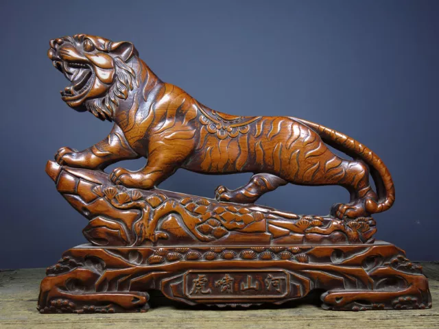 Chinese Vintage Rosewood Exquisite Carved Tiger Statue Screen Wooden Home Decor