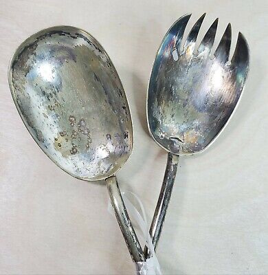 Silver Plated Serving Fork and Spoon Distressed Ceramic Cracked Handles 10.75" 5