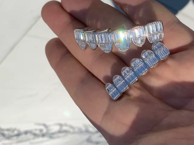 Real Solid 925 Sterling Silver Grillz Baguette Icy CZ Grills Top Or Bottom Teeth 3