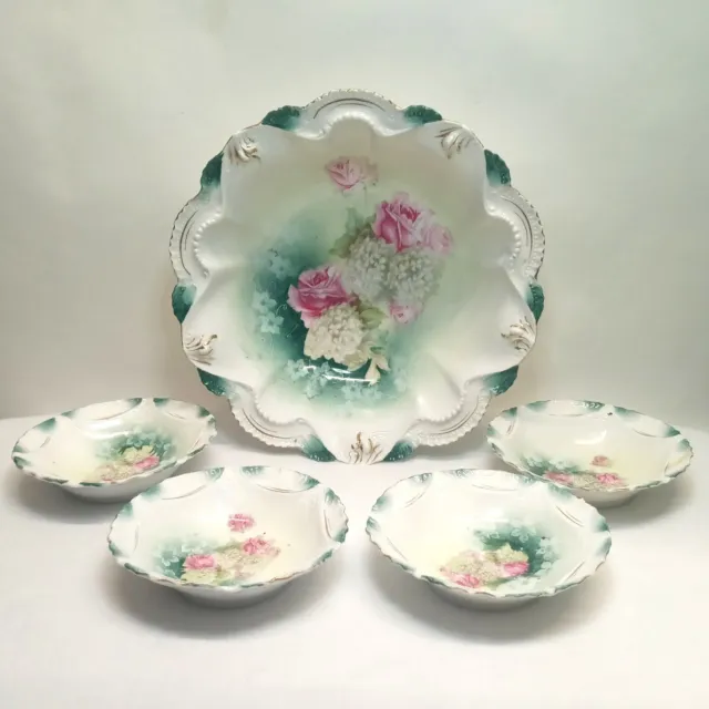 RS Prussia ANT Berry Bowl Set Rose Variation Mold Lg Bowl & 4 Small Bowls READ