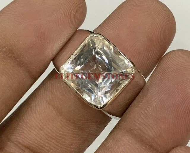 Natürlich Weiß Topas Edelstein Mit 14K Weiß Vergoldet Silber Herren Ring #2334