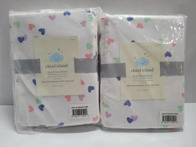 Lot of Two Cloud Island Multicolored Hearts Fitted Crib Sheets 100% Cotton NEW