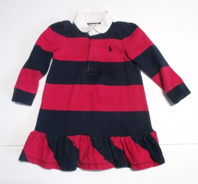 Toddler Girls Ralph Lauren Magenta & Navy Blue Striped Rugby Dress Size 18 Month