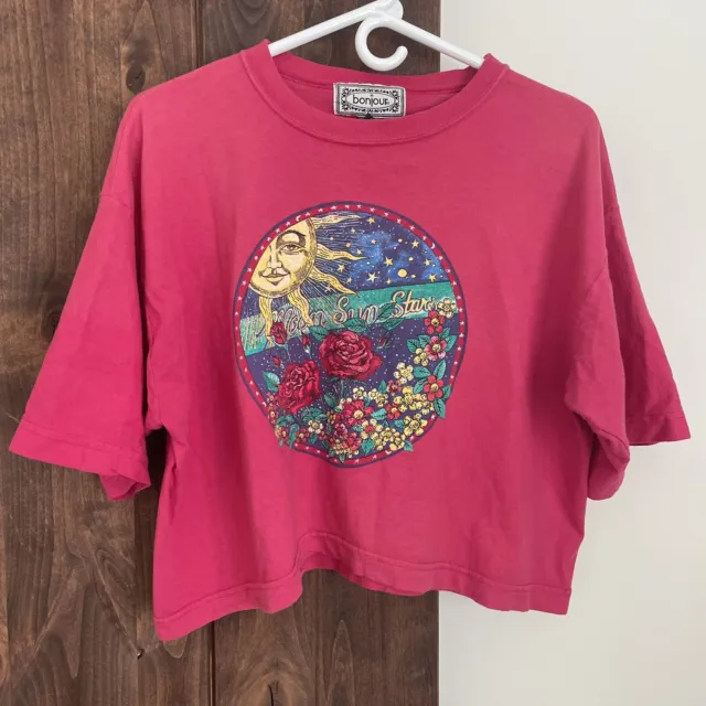 BONJOUR -Vtg 80s 90s Pink Sun Moon Stars Cropped T-shirt Womens One Size
