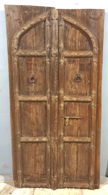 Ancien Teck Bois Grand Taille Décor Porte Panneau Original Ancien Laiton Ajusté