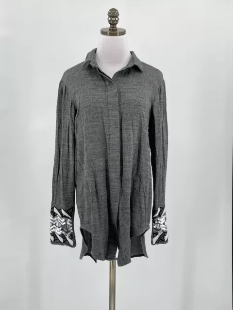 AltewaiSaome Womens Gray Sequin/Beaded Sleeves Split Back Button Up Top Sz 36