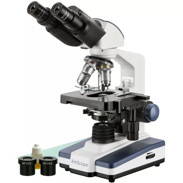 Microscopio compuesto binocular de laboratorio AmScope 40X-2500X con LED de etapa mecánica 3D