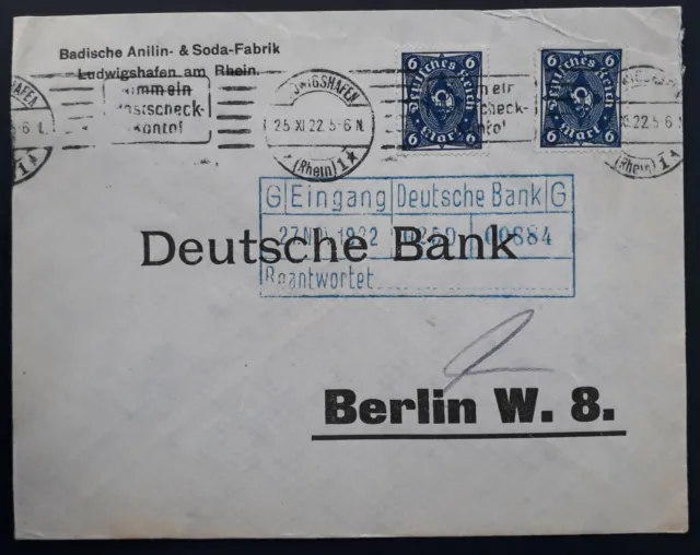1922 Germany Cover ties 2 stamps cancelled Konigshafen to German Bank Berlin