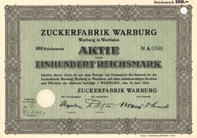 Zuckerfabrik Warburg AG - Warburg 1934 - Aktie 100 Reichsmark - Zuckerindustrie