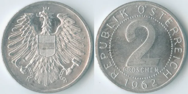 Austria 1962 2 Groschen KM# 2876 Al-Mg Second Republic Coat of Arms Eagle Value