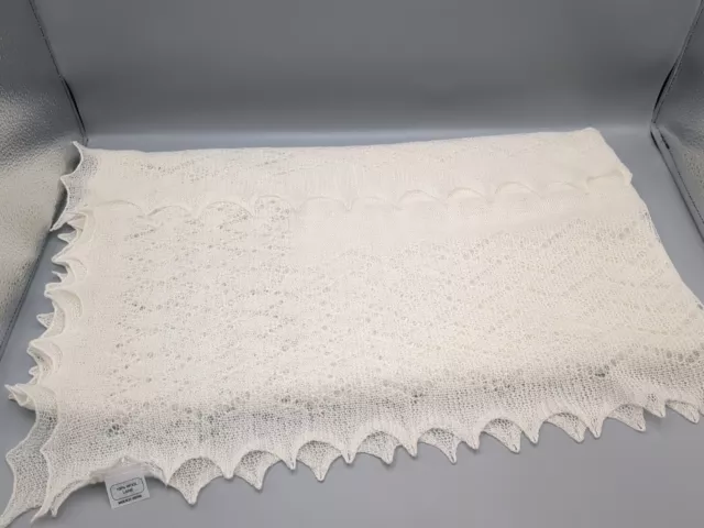 48 “ Cream Beautiful Fine Knit 100% Wool Peaked Edges Baby Christening Shawl