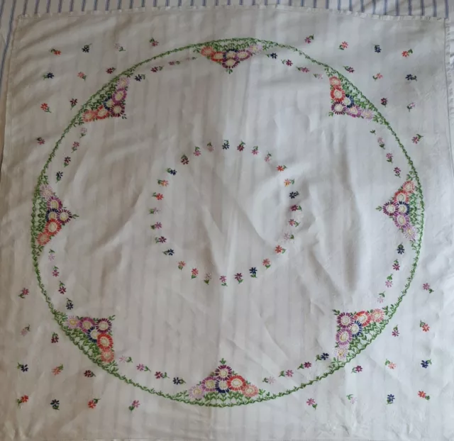 floral vintage table cloth embroidered rainbow daisies large   50" x 50" *