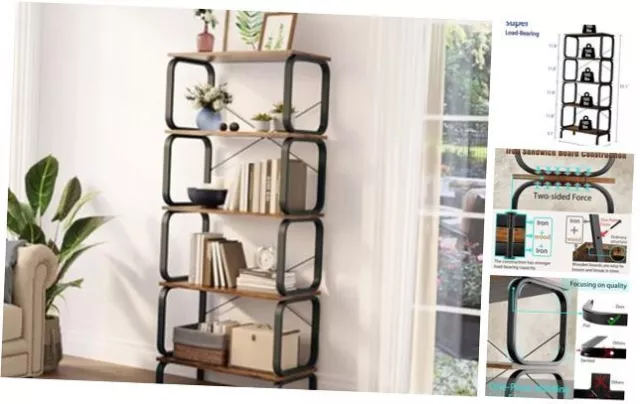 5 Tier Bookshelf, Modern Sturdy Bookcase,Industrial Metal and Wood Shelf, Brown