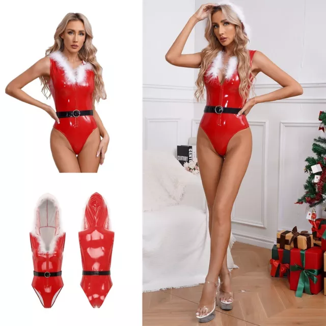 US Women Santa Claus Bodysuit Sleeveless Xmas Costume Bodycon Bodysuit With Belt 3