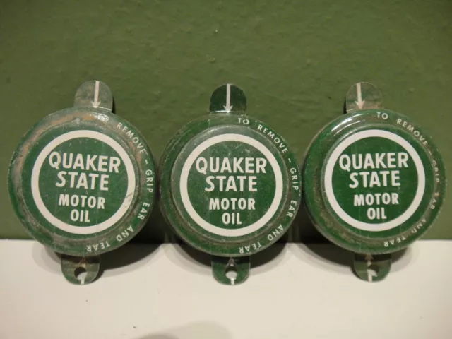 Vintage Lot of 3 NOS QUAKER STATE Motor Oil Bottle Metal Cap Lid Top Gas Station