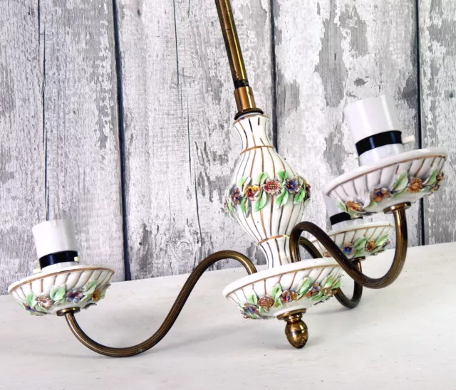 Vintage Ceramic Brass 3 Arm Chandelier Capodimonte Style Ceiling Light Floral