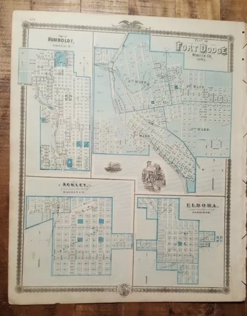 NICE ANTIQUE MAP - PLAN OF HUMBOLDT/FORT DODGE IOWA - Andreas Atlas Co. 1875