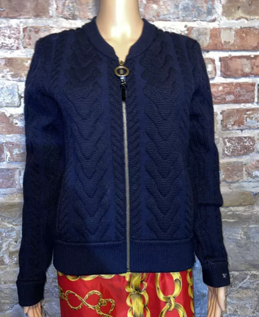 Tory Burch Blue Merino Wool Heavy Cable Full Zip Cardigan Sweater Jacket Sz M