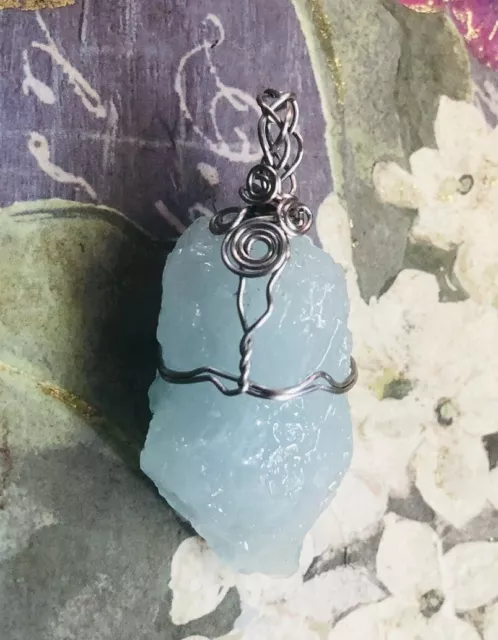 Natural Rough Blue Aquamarine Crystal Wire Wrapped Pendant