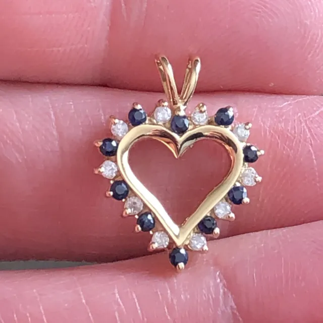 14K Yellow Gold Genuine Diamonds And Sapphires Open Heart Pendant 2 Grams 3/4”