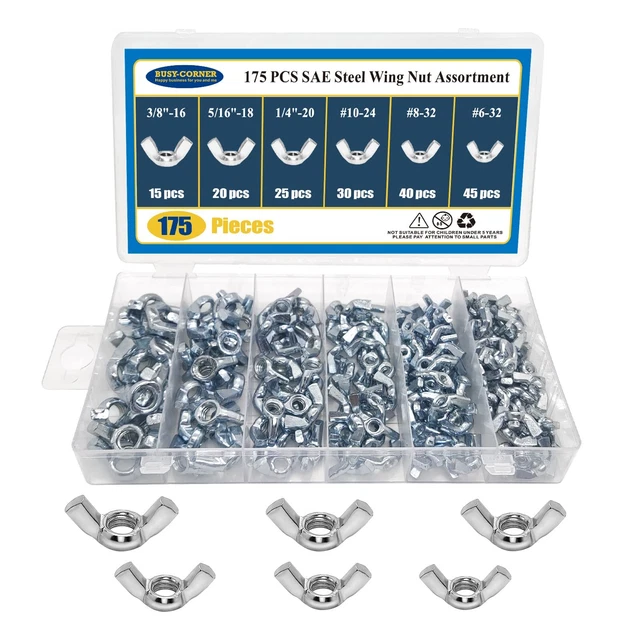 175 PCS Wing Nuts Fasteners Butterfly Wing Nuts SAE Steel Wing Nut Assortment