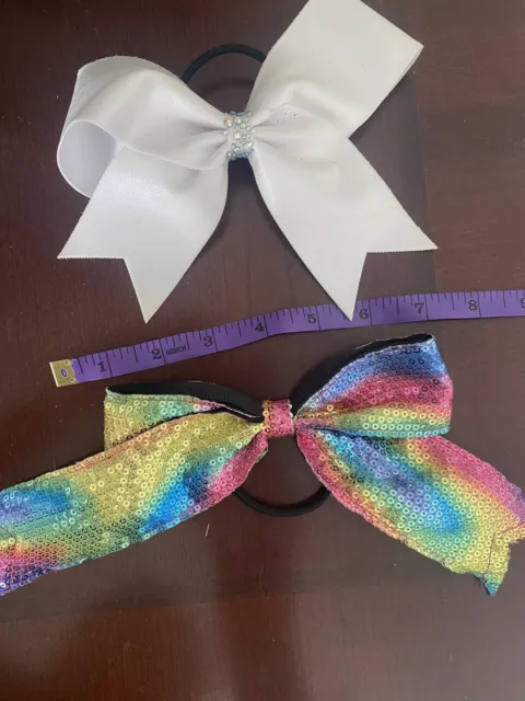 2 large cheer hairbows rainbow white rhinestone