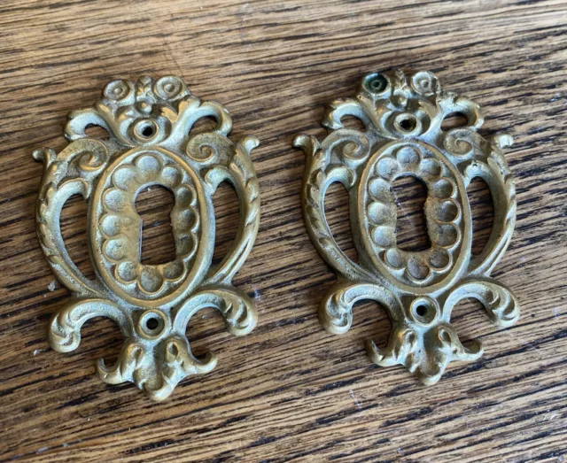 2 Antique Vintage Brass Door Hardware Key Hole Escutcheons Art Nouveau Victorian