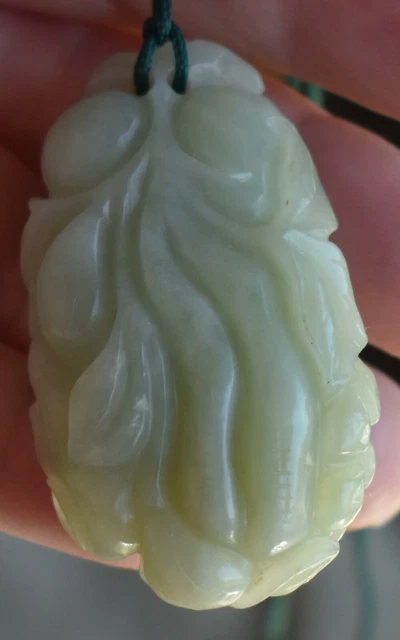 Vtg Antique Chinese Green Jade Pendant Carved Gourd Moth for Necklace