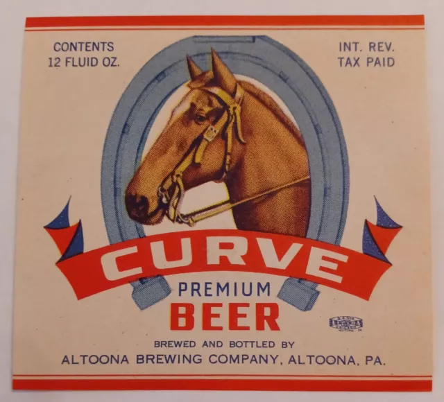 IRTP Curve Premium Beer Label, Altoona Brewing Co, Altoona, Pa.